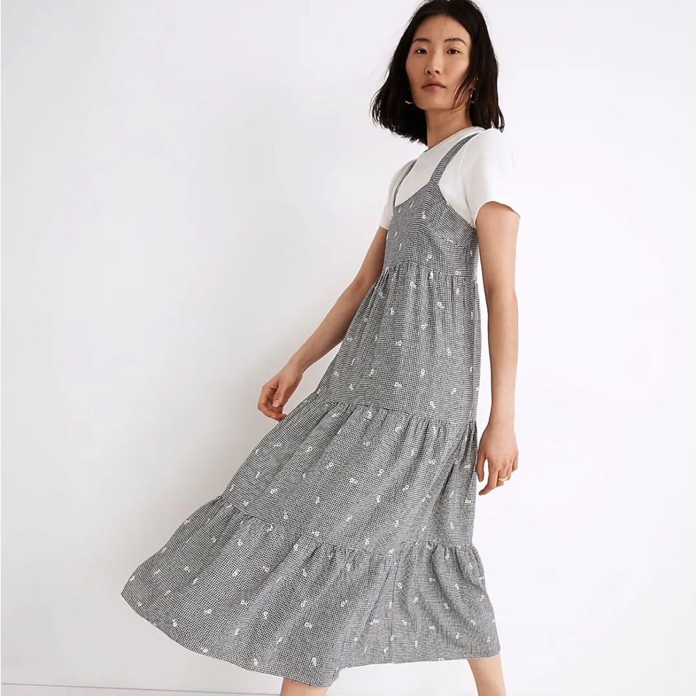 Madewell Embroidered Tiered Dress in Gingham Check
